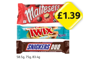 Maltesers, Twix Salted Caramel Xtra, Snickers Duo