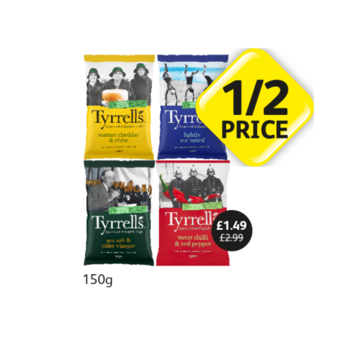 Untitled design Tyrrells Cheddar & Chive, Lightly Salted, Sea Salt & Vinegar, Sweet Chilli & Red Pepper